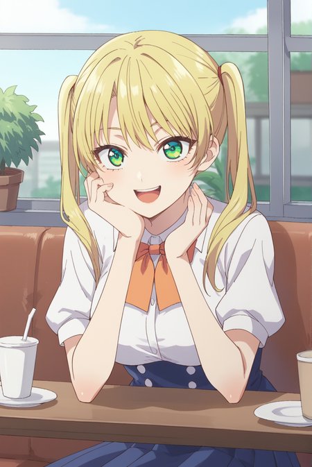 score_9, score_8_up, score_7_up, score_6_up, score_5_up, score_4_up, BREAK source_anime, 1girl, solo,
<lora:MirikiXL-v1-07:0.7>, ChopioMiriki, blonde hair, green eyes, looking at viewer,
[medium breasts : large breasts: 10],
long hair, twintails,
outfit_1, white shirt, collared shirt, bowtie, short sleeves, blue skirt, pleated skirt,
cafe, window, potted plant, table, head rest,
sitting, smile, open mouth,