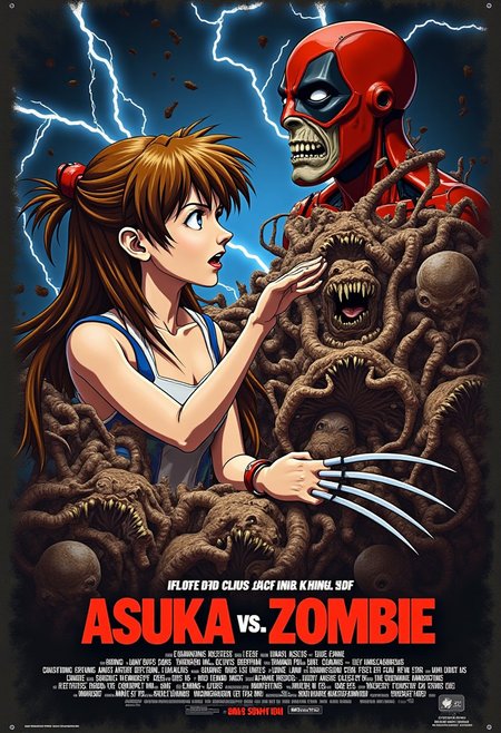 mvpstrCE style, Create a a realistic picture movie poster titled "Asuka vs. Zombie". The poster shows an epic showdown between the terrifying zombie invasion and an terrifying people, render of wolverine vs deadpool. The poster shows Asuka Langley from the anime Evangelion Genesis trying to stab with wolverine claws and a scary zombie trying to grab asuka's face ready to bite her. Lightning strikes and blood splatters in the background of the poster image, Tagline: "Protect Civitai!"