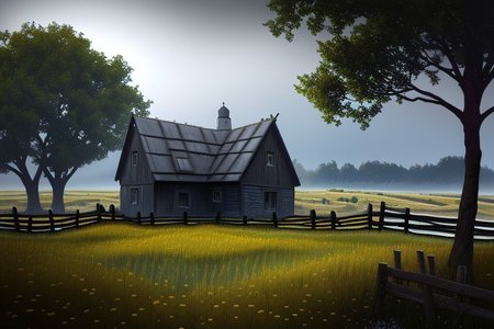 RAW photo, (masterpiece:1.3), subsurface scattering, heavy shadow, (high quality:1.4), (intricate, high detail:1.2), professional photography, HDR, High Dynamic Range, realistic, ultra realistic, photorealistic, high resolution, film photography, ambient lighting, atmospheric effects, <lora:detail_slider_v4:2>, OverallDetail,  farmhouse, fields, fence, fantfa, <lora:FantasyFarm:0.75>