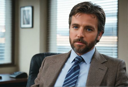 ((CinematicPortrait analog photo)) middle aged suit tie man beard indoors, blue eyes, (office blinds), ((soft focus, depth of field, film grain, looking at viewer)) <lora:CinematicPortraitXL_v3:0.65>