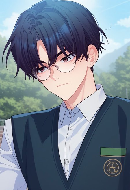 score_9, score_7_up, source_anime
joomirye, 1boy, male focus, solo, black eyes, glasses, black hair, short hair, school uniform, shirt, white shirt, collared shirt, sweater vest, portrait
outdoor,