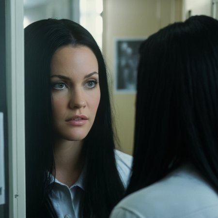 <lora:add-detail-xl:1>
<lora:detailed:0.3>
<lora:perfection style:0.3>
<lora:xl_more_art-full_v1:0.3>
 <lora:Donnie Darko film style:1>
Gretchen Ross  a woman looking at herself in a mirror,solo,long hair,black hair,indoors,blurry,depth of field,blurry foreground,realistic,pencil,locker , cinematic, film, Donnie Darko film style
