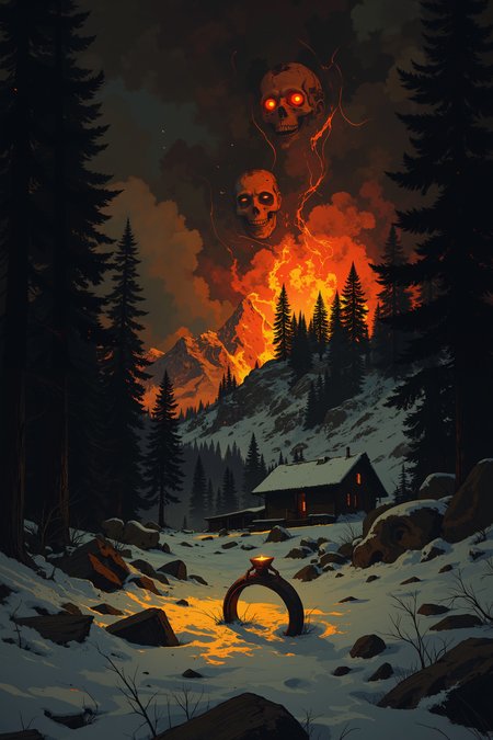 A dark, moody composition shows the cabin ablaze on a snowy mountainside, flames reaching high into the night sky. The surrounding snow reflects the orange and red hues of the fire, creating an eerie contrast against the blackness of the sky and the deep shadows of the pine forest. In the foreground, a wedding ring lies half-buried in the snow, glinting faintly in the firelight. Above, ghostly faces seem to form in the swirling smoke, their expressions of anguish matching the haunting tones of the song.  ,in the style of cksc,anime, cyberpunk, DB4RZ, DB4RZ style painting <lora:CPA:0.5><lora:FLUX-daubrez-DB4RZ:0.3><lora:Luminous_Shadowscape-000016:0.3><lora:ck-shadow-circuit-000021:0.35>