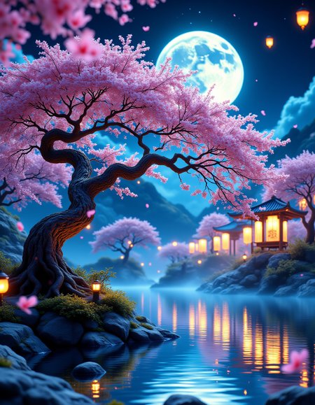 A breathtaking fantasy landscape illuminated by a full moon, its radiant glow casting a soft ethereal light across the scene. Surrounding the moon, delicate pink cherry blossoms drift gently in the night breeze, their petals glowing faintly as they descend. An ancient Japanese-style bonsai tree stands proudly in the foreground, its curved branches elegantly reaching toward the sky. Tiny luminescent orbs, resembling fireflies, pulse with golden light along the textured bark, creating an enchanting, mystical aura.  
Below, the waterâs surface reflects the moonâs brilliance, rippling gently as neon-tinted hues dance across the mirrored landscape. The surrounding environment is bathed in vibrant blues, purples, and soft pinks, blending together to create a surreal and dreamy atmosphere. Wisps of mist rise from the ground, swirling with an otherworldly glow, enhancing the sceneâs magical realism.  
The background extends into a neon-lit fantasy world, with softly illuminated floating lanterns and faint shimmering lights in the distance. Every detail is rendered in ultra-high resolution, with hyper-realistic textures and cinematic lighting emphasizing the depth and grandeur of the composition. A masterpiece of fantasy realism, blending dreamlike beauty with intricate natural elegance.
<lora:aidmaMJ6.1_v0.5_3:0.4> aidmamj6.1 <lora:DreamArtFlux:0.15> DreamArt <lora:aidmaMJ6.1v0.4:0.4> aidmaMJ6.1 <lora:FluxMythR3alisticF:0.2> R3alisticF <lora:FluxDFaeTasticDetails:0.15>  <lora:aidmaFLUXpro1.1light-FLUX-V0.1:0.4> aidmafluxpro1.1