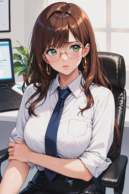 score_9, score_8_up, score_7_up,
1girl, solo, brown hair, green eyes, bangs:1.5, straight hair, long hair, hoop earrings, rimless eyewear, round eyewear, close up,
white shirt, sleeves rolled up, long necktie, blue necktie, sitting, on chair, embarrassed, pencil skirt, black skirt, parted lips, head tilt, (twisted torso:1.5), looking to the side, 
large breasts,
cowboy shot,
urushihara satoshi style, JabarandP, backlighting, dim lighting,
office, office desk, laptop, black chair, (large chair:1.5),
<lora:woman_consistency_v2-loha:0.35>, <lora:super lora_flyx3_XL_PONY:0.35>, <lora:HerrscherAGGA2024_SJ_Style_V1:0.15>, <lora:JabarandP:0.2>, <lora:Sinozick_Style_XL_Pony:0.2>, <lora:flyx3_XL_PONY:0.1>, <lora:Pivix_PLayboy_Style:0.1>,  <lora:Implants2:0.4> breast implants,