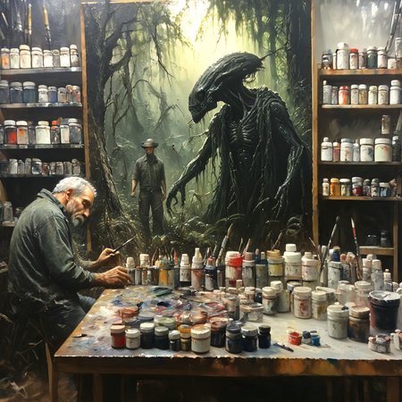 oneironartifex onefex a painting in a painting studio, old artist man and alien, very detailed<lora:oneironartifex:1.2>
