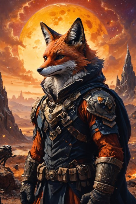 Detailed digital portrait of an anthro Fox (Silhouetted against the sunset, dramatic backdrop) at a Galactic war on asteroid colonies, <lora:xl_more_art-full_v1:0.5>,  <lora:The_Crazy_Style:0.7> <lora:anthro_muscular:0.7>