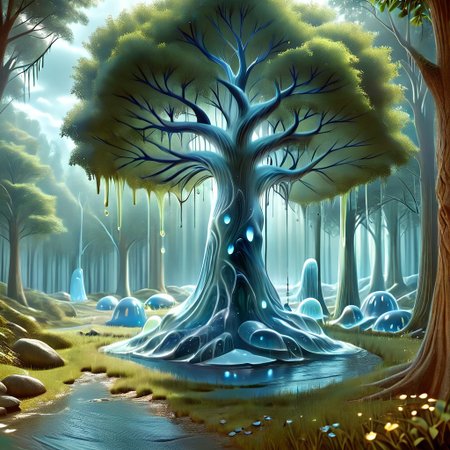 a forest made out of slime, dense-forest, Yggdrasil, a vast tree made out of slime, A large tree made out of slime, brown slime tree, translucent tree, transparent tree, 
everything made of slime, No simple background, ((slime tree)), detailed leaves, detailed bark texture, 
overcast sky, natural light, no bright spots, 
((translucent slime)), ((transparent slime)), (bioluminescent slime), sl1m3, slime, slime-morph, ais-blmn, saturated colors, no creatures, no monsters, no pokemon, scenery only, scenery, ral-lava, watce