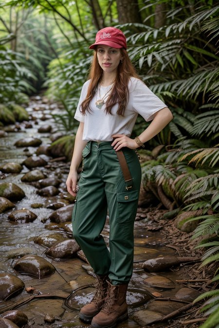 <lora:LCM_LoRA_Weights_SD15:1>,<lora:detail_slider_v4:1.4>,(knowledgeable scout) 29year old adult (Women:1.3),Thigh Gap:1.3, Extremely muscular body build, extra long red Hairs, layered cut haircut, (earrings:1.2),(necklace:1.2), brazilian, albino  skin, wearing a scout hat, scout t-shirt, comfortable hiking pants, hiking boots, backpack, set in dense forest with sunlight filtering through the canopy, narrow trails winding through the underbrush, a stream flowing gently beside the path, occasional wildlife sightings,(full body:1.3),(full shot:1.3),(wide shot:1.3),(full body portrait:1.3),from outside:1.1,landscape photography, vast vistas, natural beauty, dynamic compositions, captivating scenery, immersive, serene,