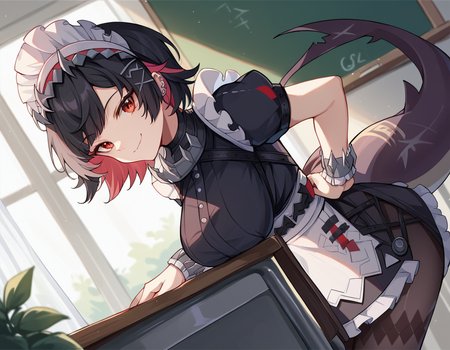 score_9, score_8_up, score_7_up, source_anime, ellenjoe, <lora:ellen-joe-ponyxl-lora-nochekaiser:1>, ellen joe, black hair, colored inner hair, multicolored hair, red eyes, red hair, short hair, two-tone hair,, apron, black pantyhose, black shirt, black skirt, ear piercing, fins, fish tail, maid, maid apron, maid headdress, pantyhose, piercing, puffy short sleeves, puffy sleeves, shark girl, shark tail, shirt, short sleeves, skirt, tail, two-tone hair, wrist cuffs,, indoors, classroom, bent over, smile, looking at viewer, solo, cowboy shot, dutch angle