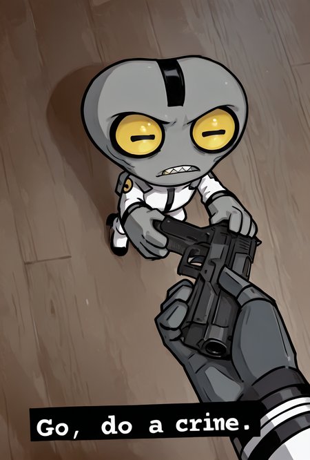 <lora:greymatter-09:1> greymatter, solo, 1boy, white bodysuit, grey skin, , ,small body, big hands,  , sharp teeth, big yellow eyes, big head,     <lora:Go_Do_a_crime:1> holding gun, chibi, Go do a crime, masterpiece, best quality, amazing quality, very aesthetic, absurdres, newest,