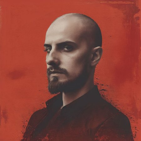 1boy, Savva_face, bald, beard:0.7, tattoo on head, grunge,  horror, And now was acknowledged the presence of the Red Death