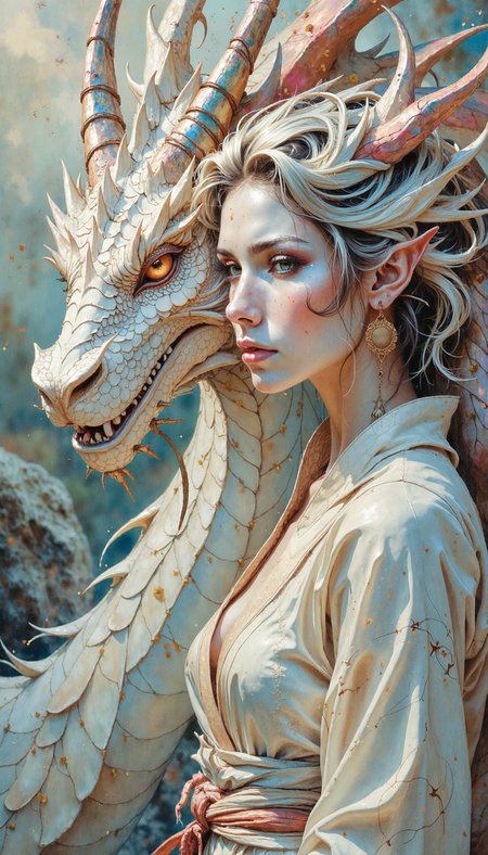 watercolor,vivid,glow, A luminescent, iridescent white dragon, rendered with hyperrealistic detail, fills the right side of the frame in a close-up shot.  Capture the ethereal interaction as a young woman, adorned in diaphanous white robes, gazes into the dragon's eye. Bathe the scene in soft, ethereal light, emanating from behind the viewer, highlighting the pearlescent scales of the dragon and the delicate embroidery on the woman's gown. The background should dissolve into a dreamy, bokeh effect, hinting at a mystical forest setting.  Evoke a sense of profound connection and ancient wisdom shared between the two figures.