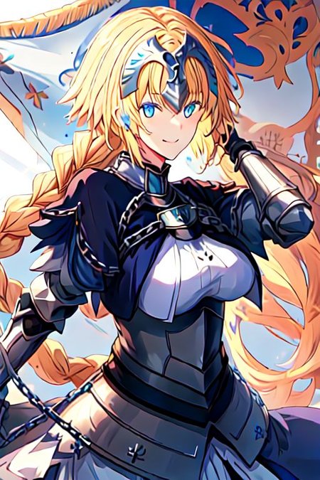 solo, 1girl, solo_focus, 
jeanne_d_arc_fgo, blonde_hair, long_hair, blue_eyes, breasts, very_long_hair, headpiece, smile, braid, gauntlets, single_braid, large_breasts, bangs, chain