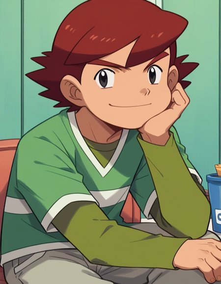 score_9, score_8_up, score_7_up, source_anime,
<lora:pokemon-kenny-anime-ponyxl-lora-nochekaiser:1>, kenny, short hair, bangs, red hair, male focus, black eyes, 
shirt, long sleeves, short sleeves, pants, green shirt, grey pants,
indoors, sitting, head rest, smile,
looking at viewer, cowboy shot, dutch angle, solo,