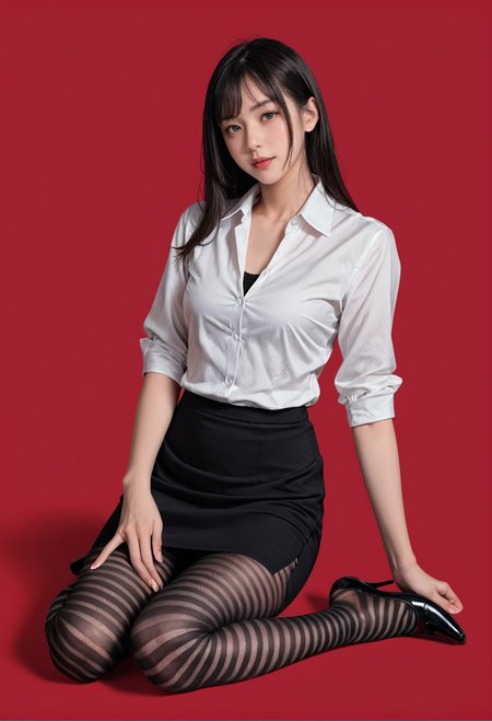 red background,1girl,solo,pencil skirt,white shirt,office lady,full body,
,ruanyi0760,striped pantyhose,pantyhose,<lora:0760 striped pantyhose_v1_pony:1>, score_9,score_8_up,score_7_up,,8k,1girl,solo,