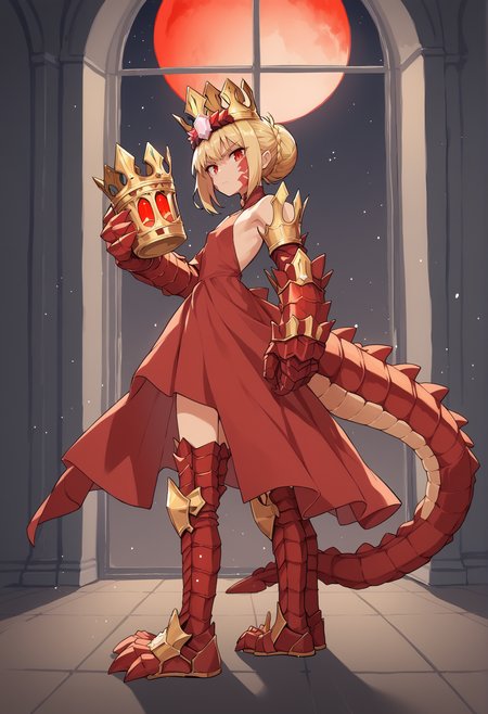 blonde hair, french braid, single hair bun, red eyes,  facial mark, body markings, scales, red dress, dragon tail, mesugaki, flat chest, age regression, crown, armored legwear, dragon claw, crown, standing, houlding cup, golden cup, chalice, indoors, mansion, serious, looking at viewer, from side, window, night sky, red moon, eclipse  <lora:Nero_Draco:1>, score_9, score_8_up, score_7_up, score_6_up, score_5_up, score_4_up, BREAK source_anime, masterpiece