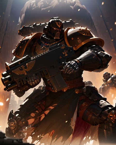 masterpiece, best quality, very aesthetic, absurdres
BREAK
gothic architecture in background, extremely detailed, absurdres, masterpiece, cel shading,
BREAK
full body, Space Marine, iron hands  legion, portrait, charging forward,  He is holding aiming, a bltgun bolter weapon.. He is wearing a helmet, intricate Black Primer armor, silver trimmings, cross detailing, torn cape, mechanical arms,  robotic gauntlets, black fur, plate armor, full armor, panoply, white hand symbol on  shoulder_pad,
<lora:Astartes:1>  <lora:Bad_Hands_lora:0.8>  <lora:Bolter_-_Warhammer_40000_SDXL:0.6>  <lora:sinfully_stylish_SDKL:1> <lora:Expressive_H:1>