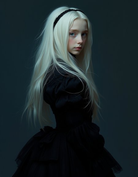 lighting, brush strokes, emotional, harmonious, vignette, 4k epic detailed, shot on kodak, 35mm photo, sharp focus, high budget, cinemascope, moody, epic, gorgeous, film grain, grainy, Minimalist painting of an albino young teen princess by Albert Lynch, Abbott Handerson Thayer, highly detail, best quality, black Victorian dress, tightly corseted, bustled, hooped, dynamic pose, petite body, skinny, dark blue outline, innocent, serene, white skin, pale skin, blue eyes, long flowing white hair, ultra detailed, romantic, Rembrandt lighting, brush strokes, warm light, magic, extremely coherent, cute, beautiful, cinematic, stunning, creative, positive, cheerful, unique, cool, inspiring, pure, rational, very inspirational, friendly, thought, glowing, magical, perfect, intricate, wonderful, lovely, del1cate_balance style, in the style of Rembrandt. vantablack <lora:style_of_Rembrandt_FLUX_135:.8> <lora:- Flux1 - vanta_black_V2.0:.8>  <lora:Delicate_Balance:.3> <lora:neeeg_f1:-.5>