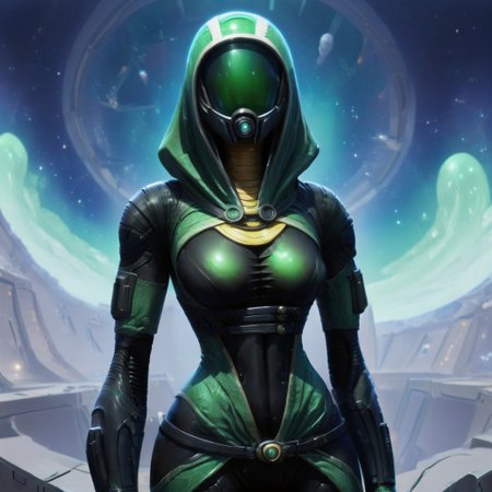 Tali Zorah in jade colored armor, helmet visor is a translucent green, space station background