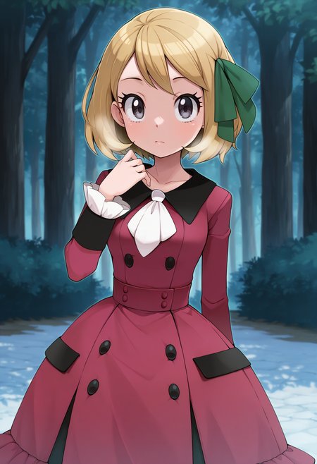 masterpiece,best quality,amazing quality,
1girl, solo, blonde hair, ribbon, hair ribbon, white ascot, serena (pokemon), short hair, buttons, long sleeves, closed mouth, ascot, hand up, bangs, official alternate costume, hair ornament, eyelashes, dress, looking at viewer, green ribbon,
 <lora:Tamagoro_epoch_8:1>