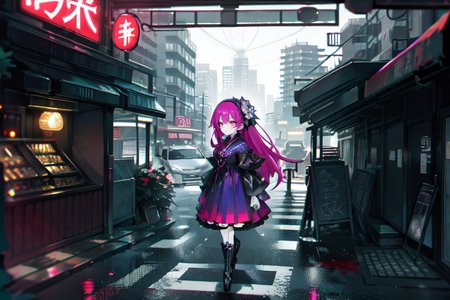 highly insanely detailed, masterpiece, top quality, best quality, highres, 4k, 8k, RAW photo, (very aesthetic, beautiful and aesthetic),  
(rsef style,fevercell style),human_machine_hybrid,futuristic_landscape,energy_auras,science_fantasy,overlapping_shapes,mystical_vibes,digital_aesthetics,geometric_patterns,chromatic_aberration,vivid_colors,cybernetic_elements,glitch_effects, 
<lora:rsef-000225:0.8>, 
(1girl:1.3), 
1other, 
necromancer wearing a black hooded cloak, dark blue silk robe with enchanted stitching, leather boots, blood-red eyeliner, intricate tattoos, skull necklace,spiked armband,astral,glowing runes,metallic plates,flourish,transcend,potion alchemist ensemble,  espadrilles, headband, , 
, 
long hair,hair ornament,hair flower, 
, 
city-life-overload,((pedestrian hell)),((busy street in taiwan)),taipei road,cityscape,building,skywalk,idewalk,motorcycle,scooter,intersection,roadway,zebra crossing,crosswalk,greenery,trees,roadworks,gas station,parking lot,underpass,wind,windy,signboard,storefront,traffic light,road sign,traffic jam,jaywalk,Dusk, 
,âââ