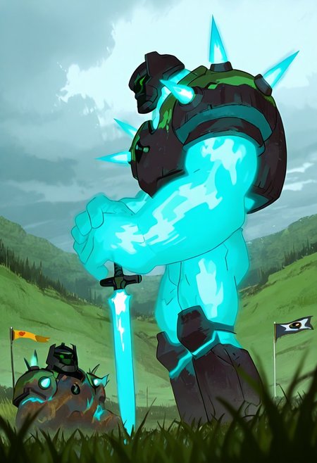 masterpiece, best quality, amazing quality, very aesthetic, absurdres, newest, , detailed background, 
 movie scene, cinematic scene, cinematic, foreground blur, depth of field, 
shckrck, glowing, shoulder spikes, green eyes, helmet, neon trim, blue fire, big arms, massive arms, blue arms, no humans, 
knight helmet, from below, flat grass field, ready for battle, holding sword, grass, side view, flags, battle area, dead bodies, M4gicalL1nes