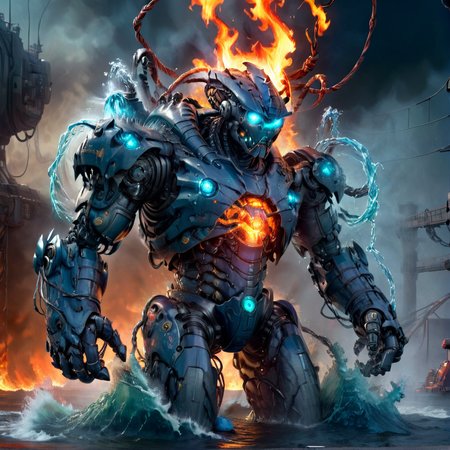 masterpiece,high resolution,detailed,overalldetail,facedetail,
 <lora:elements_blend:0.8>,
elementalfusion,, no humans, robot, glowing, mecha, science fiction, cable, monster,water,fire,wind,earth