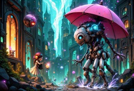 Imagine a world where technology has advanced to levels previously unimaginable. Machines possess intelligence rivaling that of humans, and communication happens instantaneously without physical devices. Every aspect of daily life is streamlined, from personal transportation to home maintenance.
Robotics has evolved to create humanoid beings capable of independent thought, emotions, and movement, coexisting alongside organic life forms. Space travel becomes commonplace, with colonies established on distant planets and moons. Even the fabric of reality appears altered, with energy fields permeating the air, granting powers once reserved for gods.
And stand there a robot from the 1900's made of analog stereo equipment, holding an umbrella in the rain. 
big-eyes, nature, watercolor, contemporary, humor, ornate,  colorful, illustration, romance, vibrant, concept-art, Figurativism, pastel-colors, characters, digital, dreaminess, environmentalism, fantasy, manga-anime, whimsy, dark, magic, other-worldliness, surreal, 
beautiful, painterly, detailed, textural, artistic, aesthetic, intricate details, highly detailed, vivid, vibrant, 
aidmafluxpro1.1, WackyGraphDaal