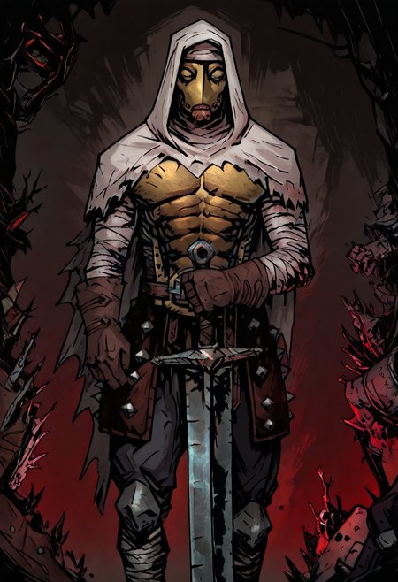 masterpiece, best quality, newest, absurdres, highres, TTCSV1.0,
solo, solo focus, 1boy, DDLEP-V1.0, armor, mask, metal mask, golden mask, gloves, brown gloves, bandages, hood, hood up, abs, holding, holding sword, sword, weapon, holding weapon, planted sword, planted weapon,