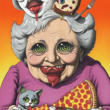 Surreal psychedelic bizarre, Grandma and the cat are eating pies, by JimmyAlonzo <lora:Jimmy_Alonzo:1>