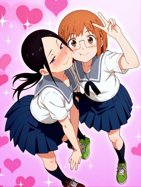 masterpiece, best quality, amazing quality, absurdres, newest, dynamic_angle, defined facial features, 2girls, yuri, love heart background,
<lora:4in1_Chio_Manana_Yuki_Chiharu_ILv0a:0.8> m@nana n0nomura, blush, sparkle, full body, smug, school uniform, serafuku, black ribbon, blue pleated skirt, brown loafers, black long socks   ADDCOL , kissing cheek,
chi0 miyam0, glasses, braid, short hair, school uniform, serafuku, black ribbon, blue pleated skirt, green sneakers, v, full body, pose, black long socks