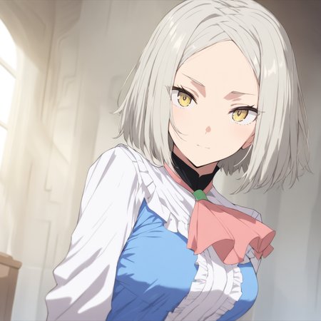 upper_body,masterpiece,high score,great score,absurdres,<lora:Yukine_Mare ag4o v1:1> yukine_mare, grey hair, short hair, yellow eyes,ascot,frills,long sleeves,