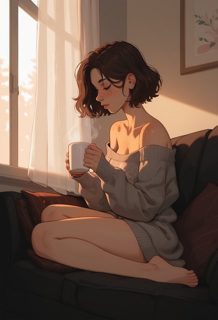 safe_pos, score_9, score_8_up, score_7_up, 1girl, brunette, sitting on a couch, feet curled under her, bare legs, comfy, oversized sweater, off the shoulder, holding a cup of coffee, steaming cup of coffee, both hands holding the mug, morning light through a window, soft, delicate, sexy, small breasts, freckles, (((good anatomy)))