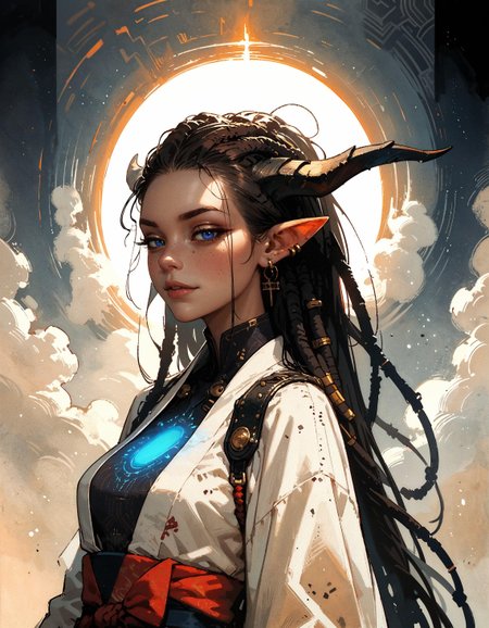 score_9, score_8_up, score_7_up, score_6_up, score_5_up, score_4_up,   female, cel-shading, backlit, delicate features, very long hair, (dreadlocks), upper body, medium breasts, horns, cyborg, pointy elf ears, multiple ear piercings, black background, techwear, large horns, dynamic pose, freckles, light blue outfit, blue glowing machine parts, hair oranments, smug, seductive smile, from behind, looking over shoulder, battle armour, chestplate, japanese dress