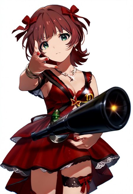 score_9, score_8_up, score_7_up, source_anime,
standing, throwing at viewer, grenade throw, cowboy shot, white background, 
ammhrk, short hair, medium hair, brown hair, bangs, (red hair ribbon:1.2), green eyes, medium breasts, 
idol costume, red dress, lace trim, luxury, thighs, lace thigh strap, earrings, necklace, bracelet, nail polish, detailed eyes, eye refraction,