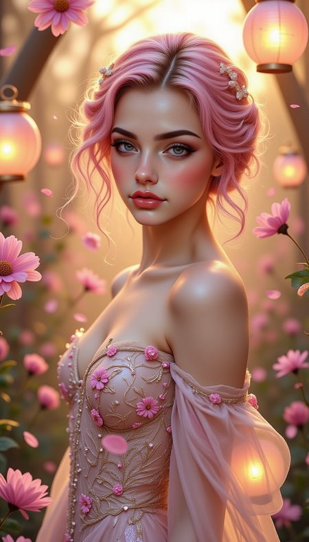 pinkfantasybabes, 
A vision of elegance with soft pink curls cascading over her shoulders, her luminous blue eyes reflecting the pastel sunset. She wears a delicate gown adorned with intricate floral embroidery, its sheer fabric catching the warm golden light. She stands in an enchanted garden, surrounded by floating petals and soft glowing lanterns.

