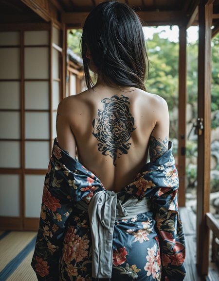 1girl,  girl, black long hair, kimono,  back exposed. small chest, detailed yakuza tattoo on back, in a japanese garden, <lora:EldritchCandids1.1.2:0.4> <lora:real_dream_pony_realistic_lora_3:0.4> <lora:MJ52:0.3> <lora:FF.101.juggernautXL_version6Rundiffusion.LORA:0.4> <lora:JuggerCineXL2:0.3>