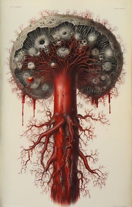 masterpiece,best quality,<lora:tbh248-sdxl:0.7>,illustration,style of Micrographia,spore,blood vessel