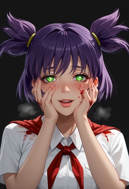 score_9, score_8_up, score_7_up,
best quality, masterpiece, ultra detailed,
162 cm height,
<lora:yandere_trance_v1_pruned:1>, yandere trance, close-up, hands on own face, open mouth, head tilt, close-up, blood on face, light smile, heavy blush blushing, looking down, Expressiveh, glowing eyes, heart-shape eyes, close-up, blood on face, blood on hands, excessive blood, steamy breath,
<lora:Expressive_H:1>
lips, nose,
looking at viewer, close, close-up, (from below:1.3), 2 hands, 2 arm, 
<lora:Everlasting_Summer_Lena_by_GraffMetal_V1.2:1>, lena, purple hair, green eyes, short hair, short twintails, twintails, two side up, bangs, solo, large breasts,
white collared shirt, short sleeves, red neckerchief, neckerchief,
amazing background, simple background, black background,
