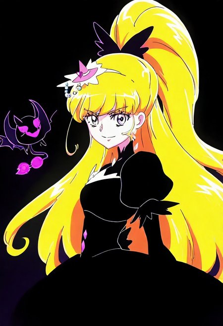 cure miracle, cure miracle \(diamond style\), crmrcldiamond, blonde hair, high ponytail, half updo, very long hair, shiny hair, hair beads around ponytail, eyebrows visible through hair, purple eyes, eyelashes, mini witch hat, 
black dress, black costume, small devil wing,
simplebackground, dark indoor, evil smile ,spot light