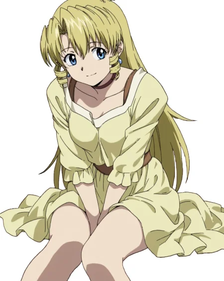 <lora:Pacifica_ill_v10:0.9> Pacifica Casull, 1girl, solo, jewelry, choker, sitting, light yellow dress, earrings,  smile, light smile, hands between thighs, simple background, white background, high quality, highres, absurdres, super detailed skin