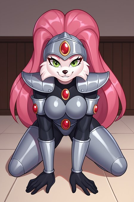 score_9, score_8_up, score_7_up, score_6_up, BREAK, JennyBOHXLv2, anthro furry, furry female, white fur, green eyes, pink hair, long hair, grey helmet, forehead red jewel, medium breasts, grey armor, red jewel, shoulder armor, black bodysuit, armlet, guantlets, black gloves, armored thigh boots, solo, full body, all fours, seductive smile, looking at viewer, indoors <lora:JennyBOHXLv2:0.8>