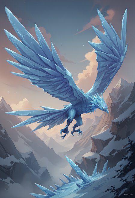 score_9, score_8_up, score_7_up, score_6_up, score_5_up, score_4_up, 1girl, <lora:Anivia:0.85> solo, bird, no humans, wings, ice, colored skin, blue skin, feral, forehead jewel, flying, 
(mountains background) sky, clouds,