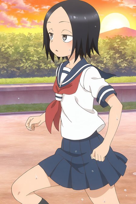 masterpiece,best quality,good quality,rating safe,, <lora:tsukimoto_sanae-ill_narcissu:1>,sanae, tsukimoto_sanae, karakai jouzu no takagi-san,1girl, solo, black hair, short hair, black eyes, grey eyes, bangs, parted bangs, serafuku, red neckerchief, blue sailor collar, short sleeves, white shirt,blue skirt,black socks,anime screencap,outdoor,running,heavy beathing,sports,wet,from side,sunset