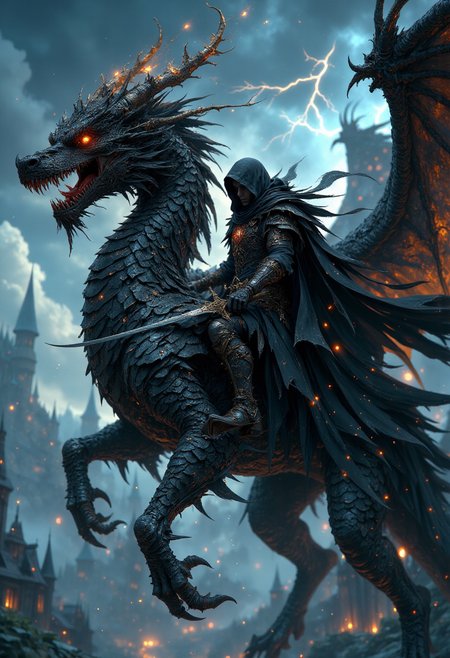 a dark, armored knight riding a fierce, black dragon. The scene is set against a stormy sky with lightning illuminating the background, casting an eerie glow. The dragon is detailed with scales and glowing orange eyes, exuding a sense of power and menace. The knight is clad in intricate, dark armor with a hood obscuring their face, adding to the mysterious and ominous atmosphere. Sparks and embers float around them, enhancing the dramatic and magical ambiance. In the background, a medieval castle with pointed towers is partially visible, shrouded in mist, contributing to the epic and fantastical setting.
<lora:FluxMythP0rtr4itStyle:0.6>  <lora:Midjourney_Dreamlike_Fantasy_FLUX_LoRA:0.6> <lora:Elden_Ring_-_Yoshitaka_Amano:0.33>