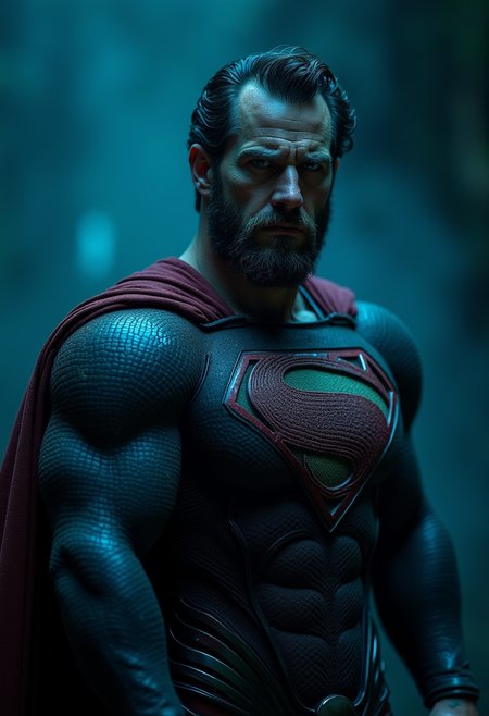 DARK movie still, heavy Film grain, monochrome with Low Key color Highlights, A dystopian DARK villain Photo Portrait of Superman, outworn Cape and armored suit, rough skin, skin Details, beard, outworn, old, in pain, dust, dirt, gritty, Film Noir Style, high contrast, deep blacks, vibrant blue Pop art elements,
