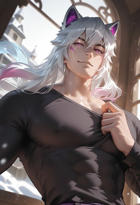 //General, masterpiece,best quality,amazing quality, source_anime, intricately detailed illustration, very aesthetic, absurdres, newest, anime coloring, subsurface scattering, , natural lighting, Expressiveh, detailed skin, shiny skin,aesthetics light, depth of field, vibrant colors,
//Fashion, black shirt, long sleeves, 
//Background, castle interior, indoors, snow background outside the window, 
//Others, 1boy, male focus, solo male, manly body, 
//Action, looking at viewer,  light smile, close up, upper body,
BREAK,
 Sett, white hair, long hair, animal ears, pink eyes