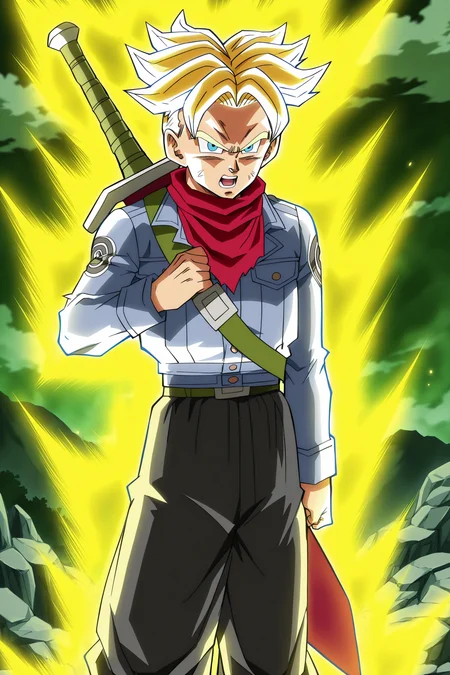 anime screencap, anime coloring, detailed face, masterpiece, best quality, very aesthetic, absurdres,  official style, amazing quality, ultra detailed,  highres, amazing quality, scenery, beautiful detailed hair, beautiful detailed eyes,
<lora:2-in-1_Mai_and_Trunks_Dragon_Ball_Super_-_Future_Trunks_Saga_appearances:1>
Super Saiyan Trunks (appearance), Future Trunks (character), trunks (dragon ball), super saiyan, spiked hair, male focus, 1boy, solo,  blonde hair, sword, weapon, pants, open mouth, sword on back, denim jacket, aura
