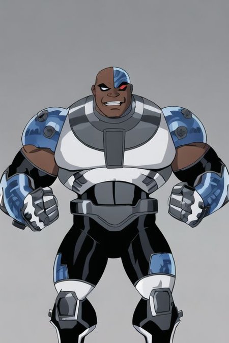 masterpiece, best quality, closeup, solo, simple background, male, 1boy, victorcyborg, cyborg, human, dark skin, bald, gloves, red eyes, black eyes, heterochromia, (smirk), flexing bicep, mostly nude, underwear only,  huge bulge, midriff, huge pectorals, shoulder armor, topless, male underwear, thick thighs, big feet, big hands, flexing, eyeliner, thick eyebrows,